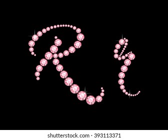 Rr in stunning Rose Quartz Script precious round jewels, isolated on black.  Vector EPS-10 file, transparency used. 