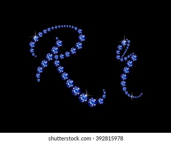 Rr in stunning Sapphire Script precious round jewels, isolated on black. Vector EPS-10 file, transparency used. 