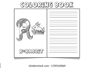R=Rabbit coloring pages.alphabet coloring pages for adults. A to Z coloring book for kids . alphabet latter with art work coloring pages .
