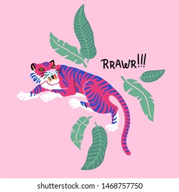 Rrawr! Vector illustration of tiger with tropical leaves on pink background. Trendy design for card, poster, tshirt and prints.