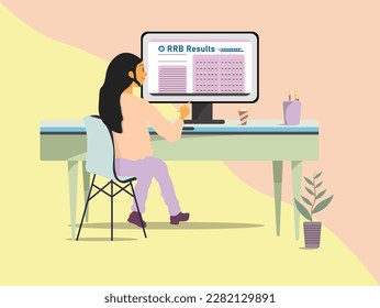 RRB Exam Results out now as student checking her result online on computer screen on Indian Railway website.