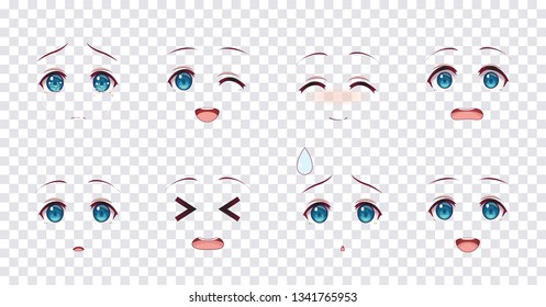 Rreal cartoon blue eyes of anime manga girls, in Japanese style. Set of various emotions