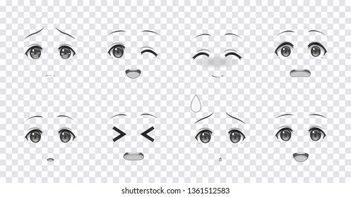 Rreal cartoon blue eyes of anime manga girls, in Japanese style. Set of various emotions