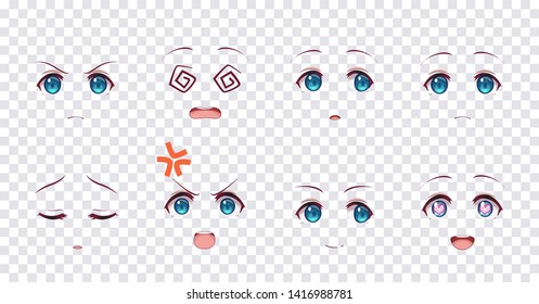 Rreal cartoon blue eyes of anime manga girls, in Japanese style. Set of various emotions