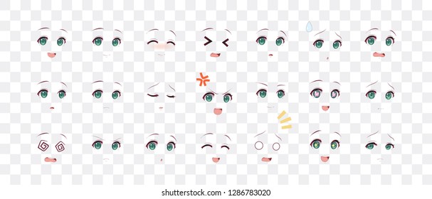 Rreal ojos de caricaturas de anime (manga) chicas, al estilo japonés. Conjunto de diversas emociones