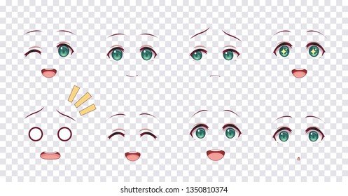 Rreal cartoon green eyes of anime manga girls, in Japanese style. Set of various emotions