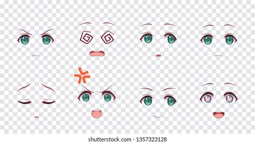 Rreal cartoon green eyes of anime manga girls, in Japanese style. Set of various emotions