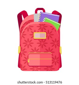 Rred backpack schoolbag icon in flat style. Hiking backpack. Kids backpack with notebook and ruler, education and study school, rucksack, urban backpack vector illustration on white background