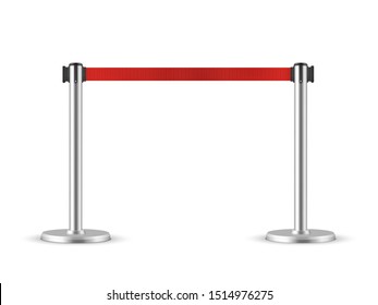 RRetractable belt stanchion. Portable ribbon barrier. Red fencing tape.