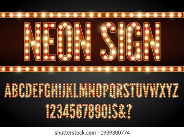 Rretro style neon lighting lamp letter, red-yellow colors font set.