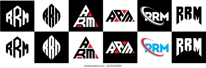 RRM letter logo design in six style. RRM polygon, circle, triangle, hexagon, flat and simple style with black and white color variation letter logo set in one artboard. RRM minimalist and classic logo