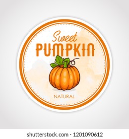 Rround label of fruits on watercolor background, pumpkin