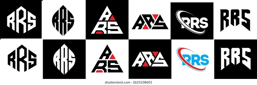 RRS letter logo design in six style. RRS polygon, circle, triangle, hexagon, flat and simple style with black and white color variation letter logo set in one artboard. RRS minimalist and classic logo