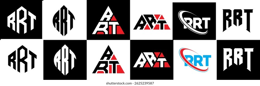 Diseño de logotipo de la letra de RT en seis estilos. RT polígono, círculo, triángulo, hexágono, estilo plano y simple con logo de letra de variación de color blanco y negro en una mesa de trabajo. Logotipo minimalista y clásico de RT
