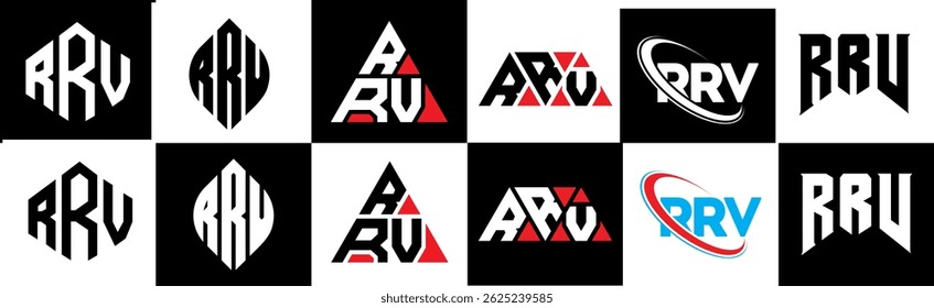 RRV letter logo design in six style. RRV polygon, circle, triangle, hexagon, flat and simple style with black and white color variation letter logo set in one artboard. RRV minimalist and classic logo