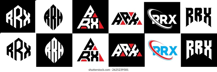 RRX Buchstaben Logo Design in sechs Stil. RRX Polygon, Kreis, Dreieck, Sechseck, flach und einfach mit schwarz-weißem Farbvariationsbuchstaben Logo in einem Zeichenbrett gesetzt. RRX minimalistisches und klassisches Logo