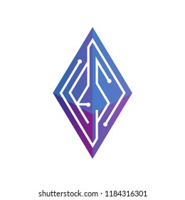 RS Initial letter block chain logo icon vector template. Looping mono line circuit letter on rhombus cube logo