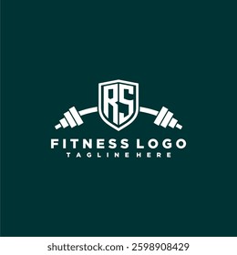 RS initial monogram for fitnes or gym logo with creative shield and barbell design