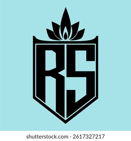 RS Logo featuring a minimalist design with a crown-like flower symbol on top, bold black elements, and a soft blue background, perfect for branding and modern visual identity.