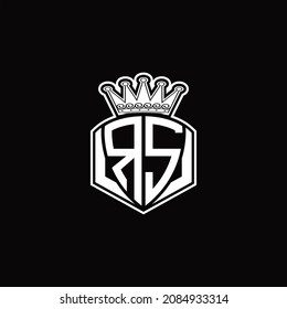 Monograma del logotipo RS con forma de emblema de lujo y plantilla de diseño de corona sobre fondo negro