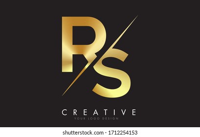 RS R S Golden Letter Logo Design with a Creative Cut. Creative logo design with Black Background.