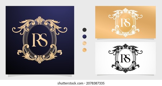 RS or SR monogram, coat of arms initial letter. graphic name Frames and Border of floral designs, applicable for insignia, wedding couple name, badge label premium design concept.