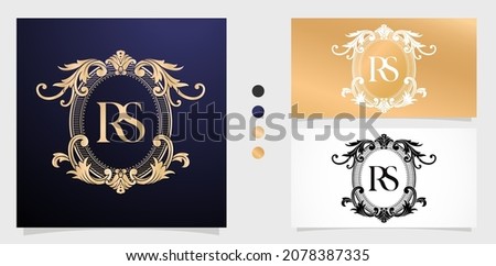 RS or SR monogram, coat of arms initial letter. graphic name Frames and Border of floral designs, applicable for insignia, wedding couple name, badge label premium design concept.