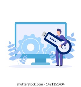 RSA token. Man holding RSA token.  Two-factor authentication device, hardware. Cryptosystem for security. Vector concept illustration.