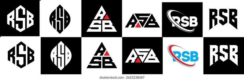 RSB letter logo design in six style. RSB polygon, circle, triangle, hexagon, flat and simple style with black and white color variation letter logo set in one artboard. RSB minimalist and classic logo