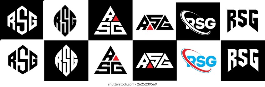 RSG letter logo design in six style. RSG polygon, circle, triangle, hexagon, flat and simple style with black and white color variation letter logo set in one artboard. RSG minimalist and classic logo