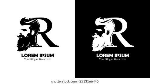 R-shaped logo design combined with the silhouette of a bearded man