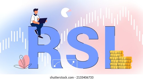 RSI Relative Strength Index acronym Business concept vector illustration Indicator technical analysis Cryptocurrency exchange graph Forex analytics and trading market chart Candle stick stock market