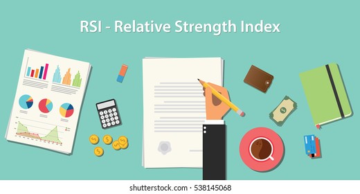 rsi relative strength index business concept illustration terms with business man hand writing working on graph chart money paper work