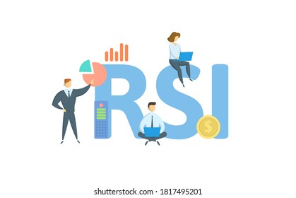 RSI, Relative Strength Index. Concept with keywords, people and icons. Flat vector illustration. Isolated on white background.