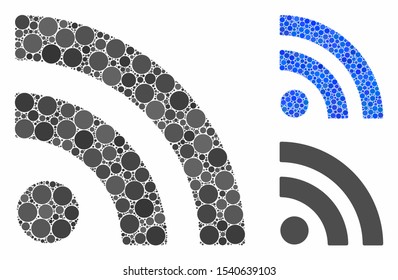 Rss composition of filled circles in different sizes and color tones, based on rss icon. Vector random circles are composed into blue composition. Dotted rss icon in usual and blue versions.