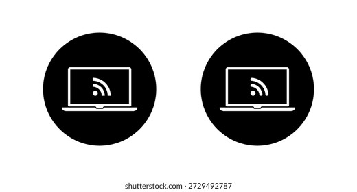 RSS-Feed-Symbol im Laptop-Bildschirm. News-Update, Blog-Abonnement-Symbol in Notebook-Computer-Display in schwarzem Kreis