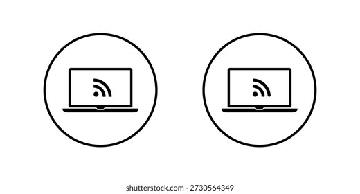 RSS feed icon in laptop screen. News update, blog subscription symbol in notebook computer display in circular outline