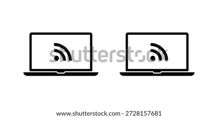 RSS feed icon in laptop screen. News update, blog subscription symbol in notebook computer display