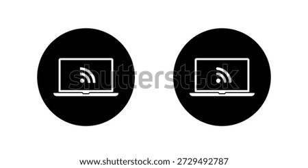 RSS feed icon in laptop screen. News update, blog subscription symbol in notebook computer display in black circle