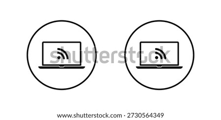 RSS feed icon in laptop screen. News update, blog subscription symbol in notebook computer display in circular outline