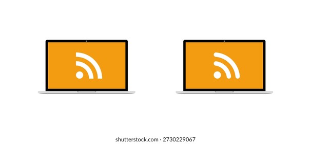 RSS feed icon on laptop screen. Internet syndication symbol in notebook computer display