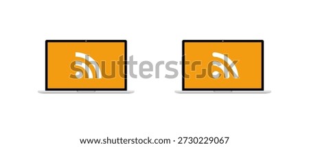 RSS feed icon on laptop screen. Internet syndication symbol in notebook computer display