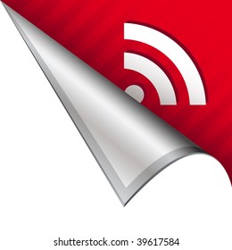 RSS feed icon on vector peeled corner tab suitable for use in print, on websites, or in advertising materials.