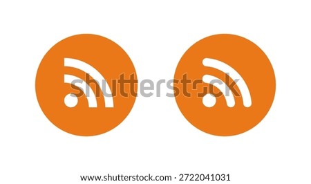 RSS feed icon in orange circle. News update, blog subscription, and content syndication symbol
