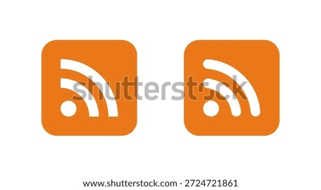 RSS feed icon in orange square. News update, blog subscription, and content syndication symbol