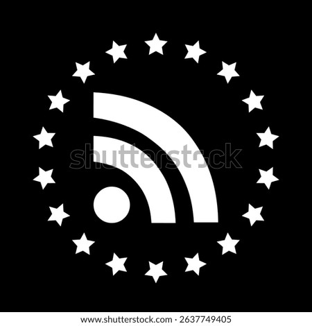 RSS Feed Icon with Stars Circle on Black Background.	