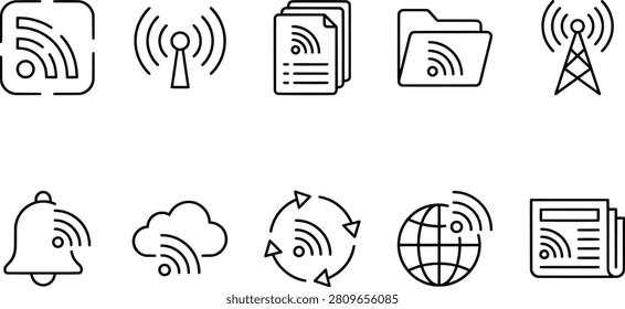 RSS feed icons, wireless communication, radio antenna, folder feed, cloud RSS, notification bell, globe symbol, newspaper news illustration