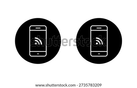 RSS feed mobile phone screen icon in black circle. Internet syndication symbol in smartphone display