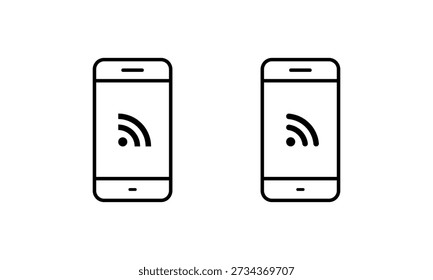RSS feed on mobile phone screen icon. Internet syndication symbol in smartphone display
