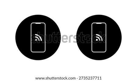 RSS feed on smartphone icon in black circle. Internet syndication symbol in mobile phone screen